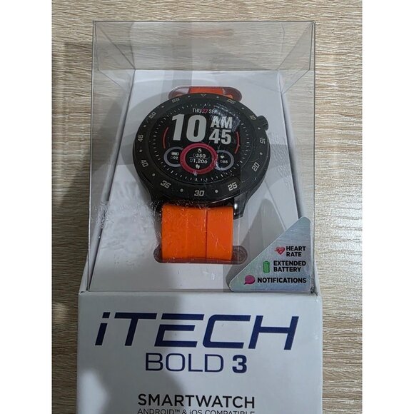 New in Box iTech Bold 3 Unisex Adult Smart Watch, Orange Silicone Strap - Picture 2 of 5